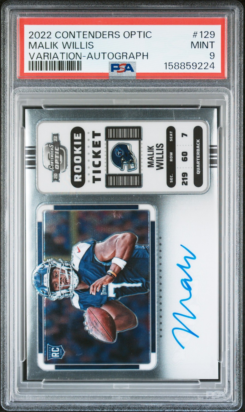 2022 PANINI CONTENDERS OPTIC VARIATION-AUTO #129 MALIK WILLIS ROOKIE RC PSA 9 view 1