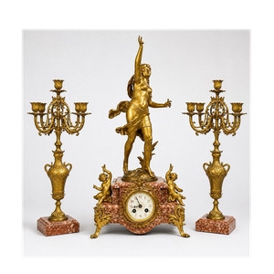 Aug. Moreau Rose des Bois French Bronze & Marble Mantel Clock Set
