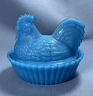 Vintage Blue Milk Glass Split Tail Hen on Nest Covered Candy Dish 5.5" Very Nice
