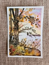 ACEO Original Watercolor Painting - Autumn Lake Landscape (2.5×3.5") Miniature