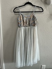 Zunie Girl Dress Sequin Light Blue Size 8 Gold Sequins Bodices Sleeveless Long