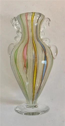 Vintage Italian Fratelli Toso Style Latticino Venini Glass Miniature Vase 3"