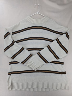 BTL Sweater Mens 3XL White Black Yellow Striped Crewneck Acrylic Knit Super Soft