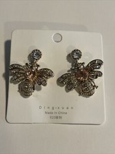New Gold Bee Earrings w/ Rhinestones 1.5  Studs