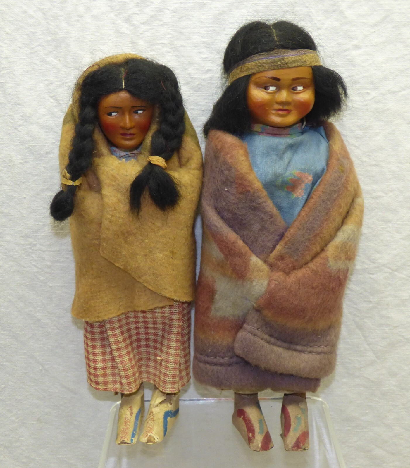 Skookum Dolls 9 7/8" Male & 9" Female w Taped Feet & Side Glancing Eyes Vtg Pair
