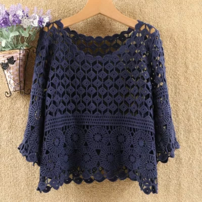 Damen Spitze Häkel Hohl Out Gekürzt Top Pullover Retro Hemd Täglich Party - Bild 1 von 4