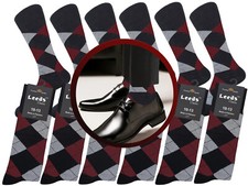 12PK ARGYLE DIAMOND WEDDING DRESS SOCKS 10-13 NATURAL COTTON DARK RED BURGUNDY