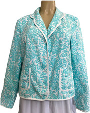 Oscar De La Renta Blazer Jacket Cotton Blue White Long Sleeve Floral Button 16