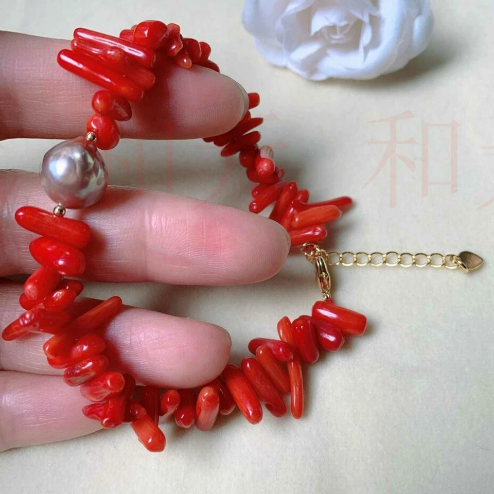 Moda Natural Blanco Redondo Perla Rojo Coral Oro Pulsera Regalo Espiritualidad Foto 3 de 4