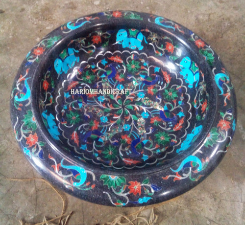 12" Black Marble Fruit Bowl Turqouise Elephant Stone Floral Inlay Decors H2813