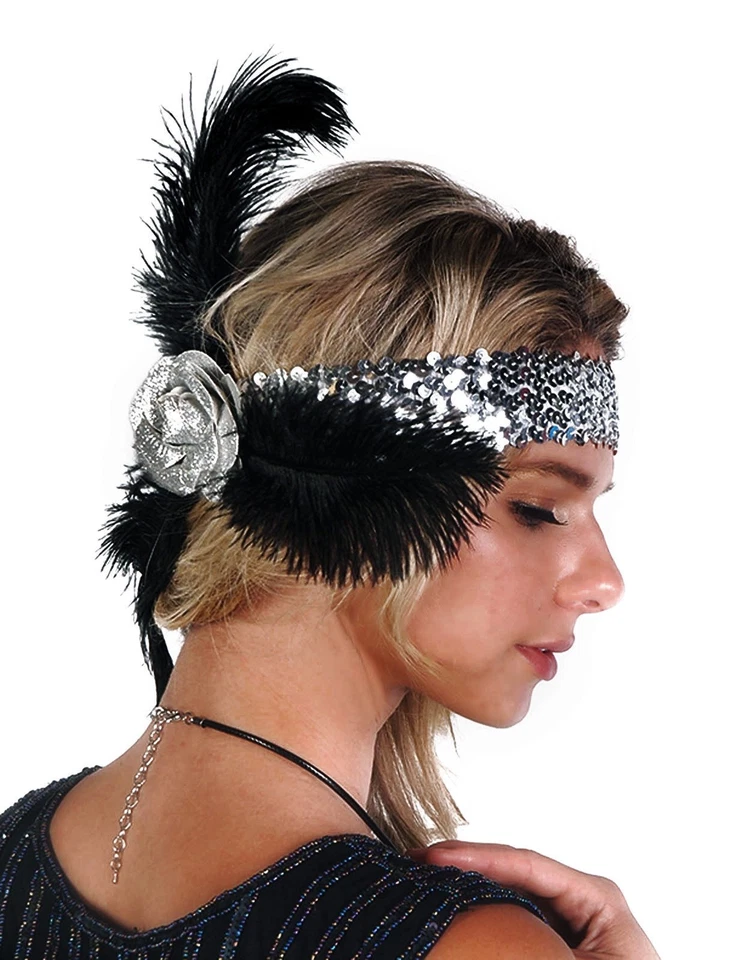 Flapper 1920 Moda Diadema Lentejuelas Plumas Rosa Disfraz Gatsby Fiesta PLATEADO Foto 2 de 2