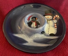 SNOW FRIENDS HAND PAINTED CERAMIC CHRISTMAS HOLIDAY CHIP N DIP PLATE, RARE FIND!