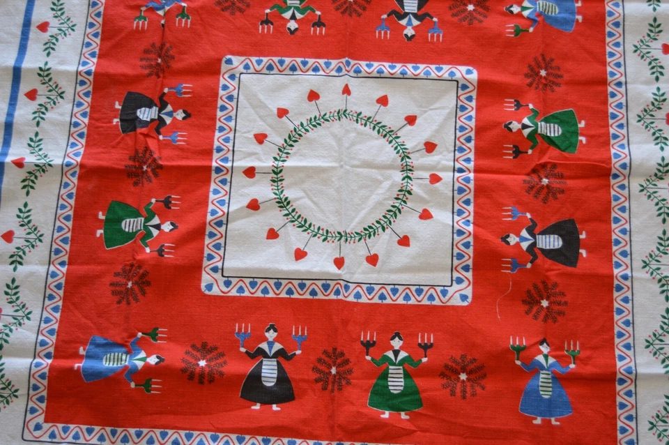 Vintage Christmas Tablecloth Swedish Scandanavian Girls Holding Candles Hearts - image 4 of 4