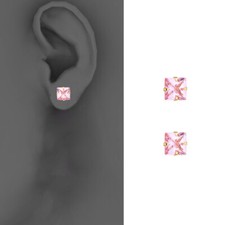 14k Yellow 5mm Princess Pink CZ Stamping Prong Stud Earrings - Screw Back