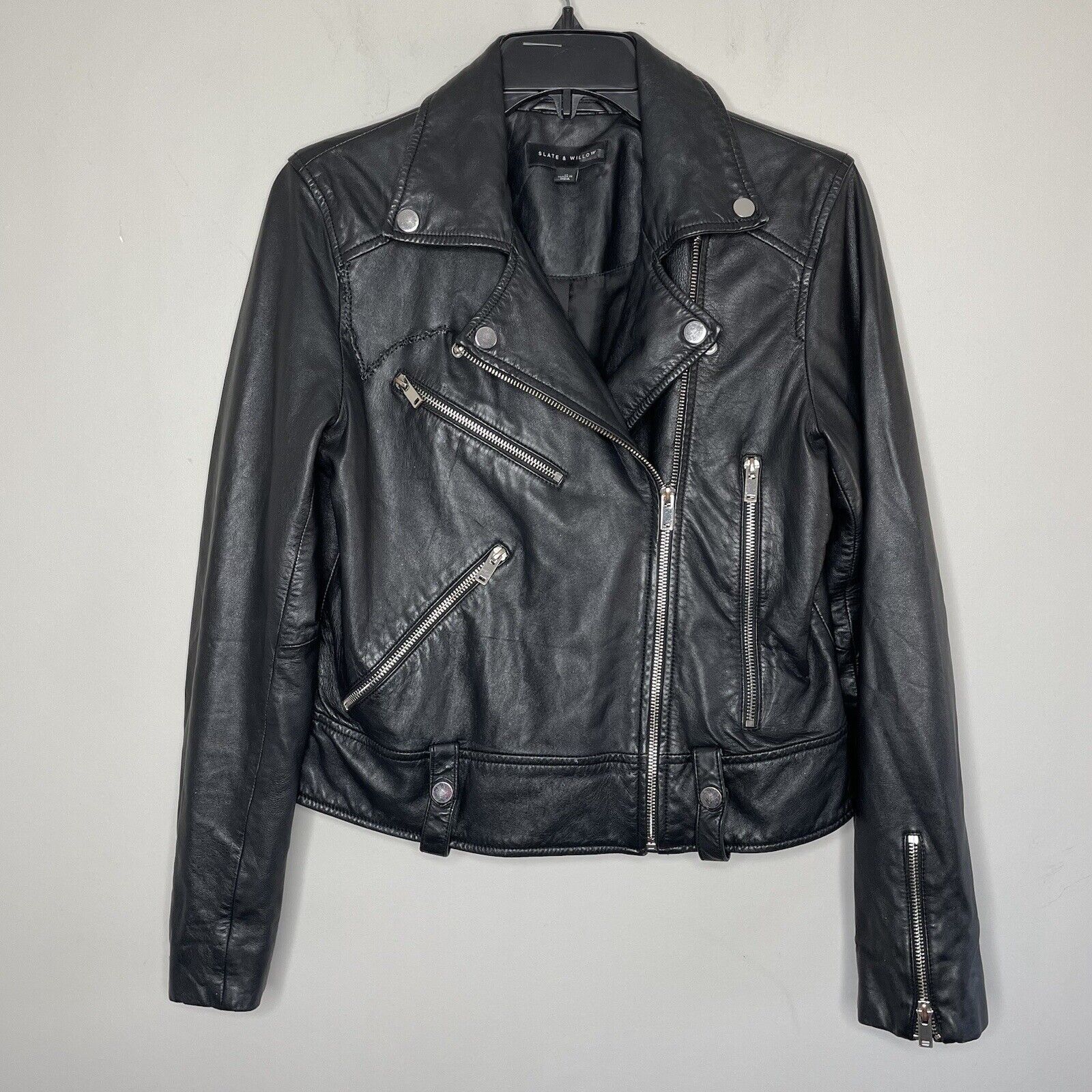 SLATE & WILLOW Leather Jacket Womens Medium M Solid Black Moto Zippered Pockets