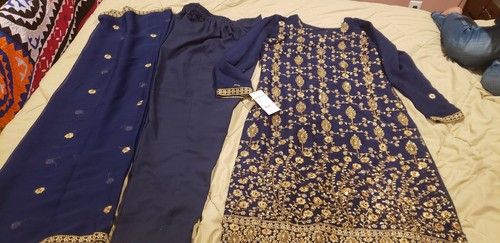 Traje de mujer paquistaní/indio azul bordado de gasa 3 piezas talla mediana  - Imagen 1 de 9