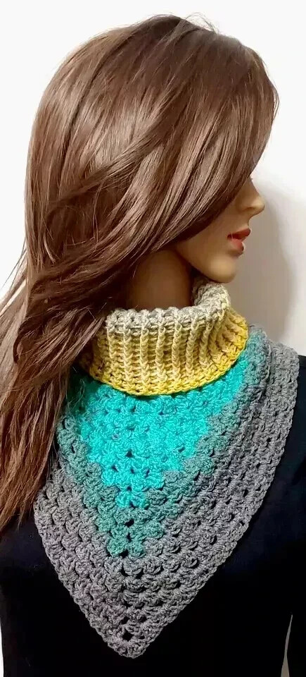 Handmade Boho Crochet Scarf Cowl Bandanna in Tan Gray Blend USA Crafted