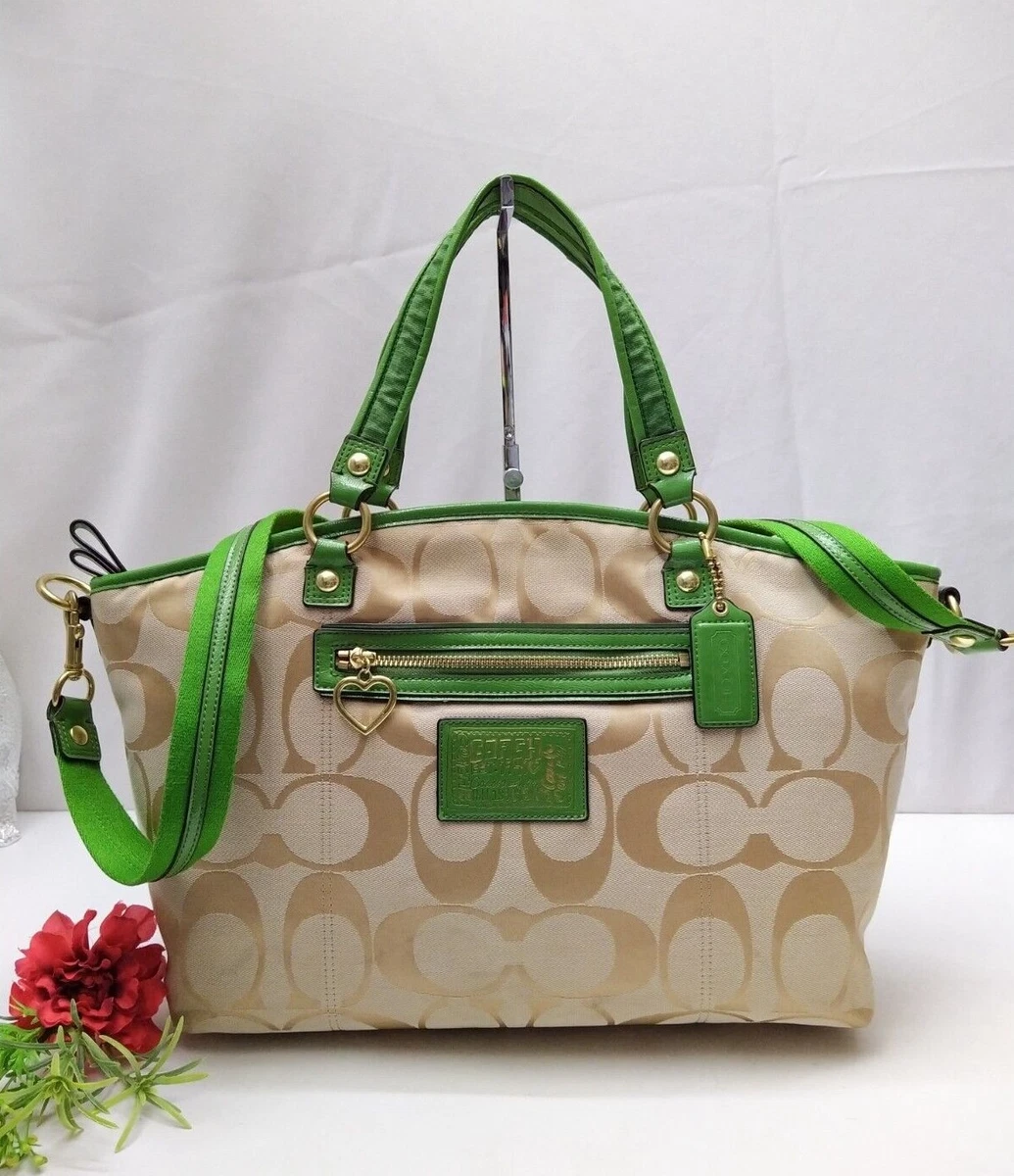 Coach Poppy Signature Brown Canvas Green Patent Leather Satchel Shoulder Bag