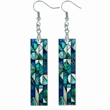 Blue Faux Stained Glass Geometric Shapes Bar Earrings Dangle Wood Hypoallergenic