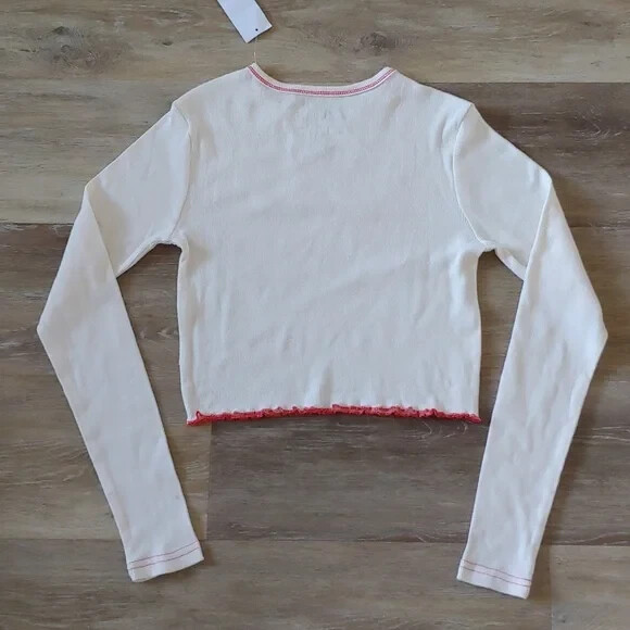NWT Modern Lux Women's Varsity Graphic Long Sleeve Crop Top Ivory Size XXS