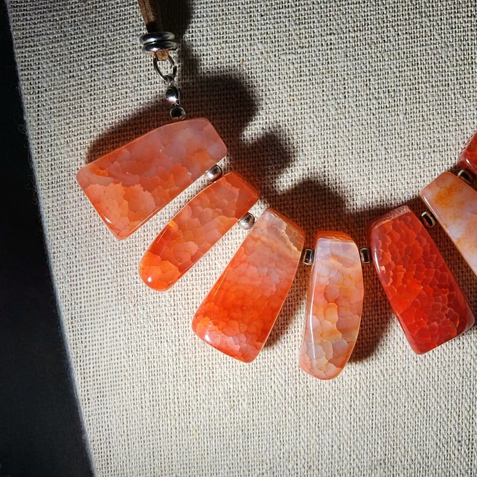 Boho Agate Carnelian Statement Necklace Leather Pink Orange Gemstone Jewelry 20" - Image 4 of 4