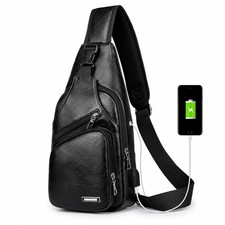 Black Chest Crossbody Bag Sling Backpack for Men with USB Charge Port