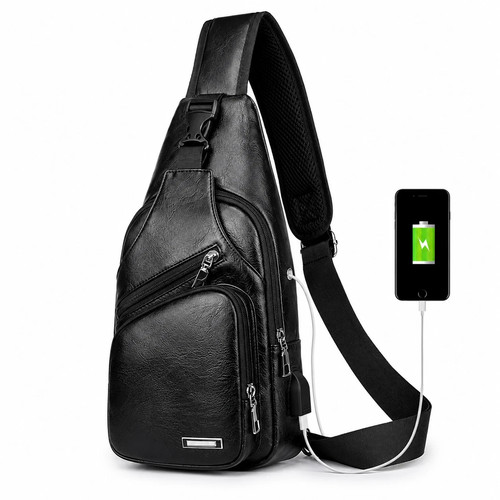 Black Chest Crossbody Bag Sling Backpack for Men with USB Charge Port