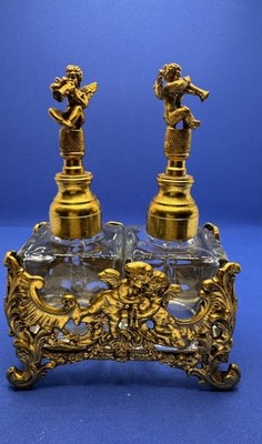 Vintage Pair Gold Ormolu Filigree Perfume Bottles in Caddy with Cherub MCM STYLE