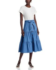 T Tahari Women Mixed-Media Tiered Fit & Flare Dress Blue White Size S MSRP $138