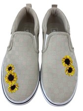 Vans Girls Beige Checkerboard Slip-On Sneakers Sunflower Embroidery Junior Sz 4
