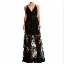 Dress The Population Black 3D Floral Lace Maxi Gown V-Neck Size L Made in USA