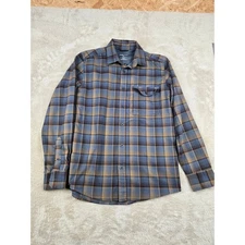 Swiss Tech Mens Flannel Shirt Size S Brown Blue Plaid Long Sleeve Button Up