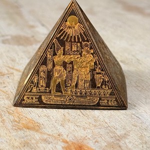 Vintage Egyptian Revival Brass Pyramid With Hieroglyphic Designs Etched On Sides