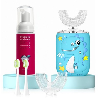 U Shaped Toothbrush,Dinosaur Full Mouth Toothbrush with 4 Soft Brush Head Aut...