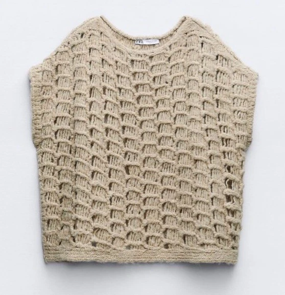 ZARA Open Knit Chunky Knit Sweater Vest Boxy Oversized Beige Cream M-L NWT