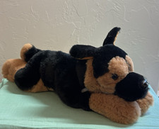 FAO Schwarz Black  Brown Puppy Fog Soft Plush 14.5  Long White Chest Black Eyes