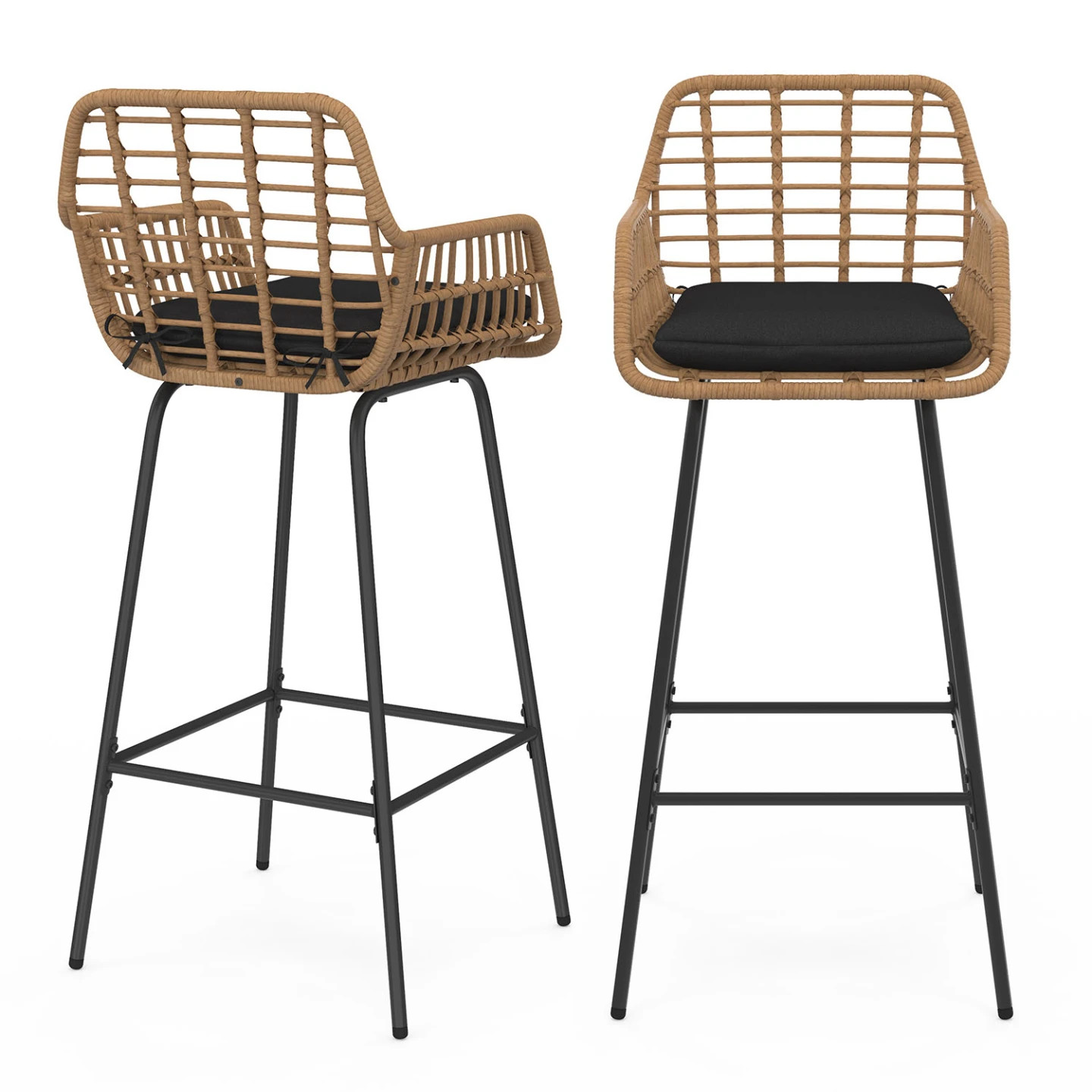 Tabourets de bar effet rotin beige SUMMER avec accoudoirs et pieds en métal noir - Lot de 2