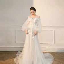 Off Shoulder Wedding Dress Lace Applique Long Puff Sleeve Bride Gown Sweep Train