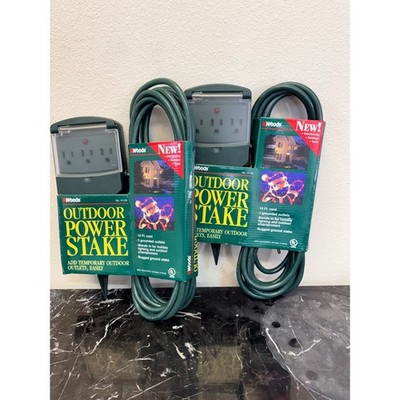 Lot of 2 Woods Outdoor Power Stake 18 Ft Cord 3 Grounded Outlets Green 10129 NEW