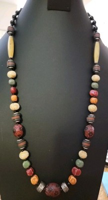 Stunning 1980s Handcrafted Tribal Style Necklace Barrel Clasp  Mixed Materials