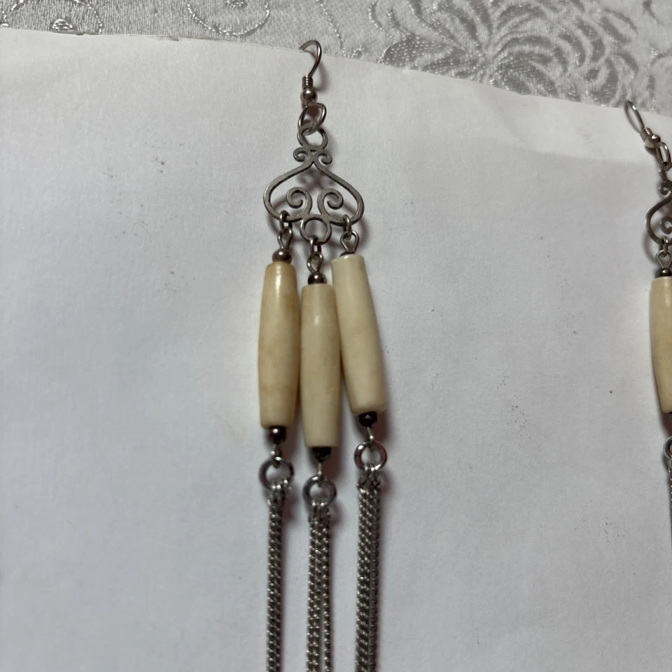 Pendientes largos colgantes de acero inoxidable hueso real 15 pulgadas de largo bohemio hippie Foto 3 de 4