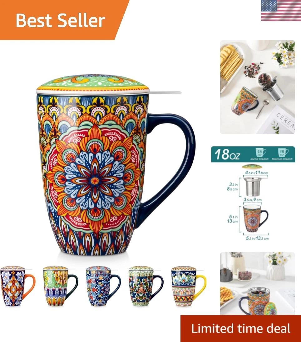Ceramic Tea Mug with Infuser and Lid, 18 Ounce Bohemian Loose Leaf Cup, Micro...
