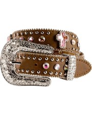 Nocona Girls Rhinestone Studded Cross Leather Belt- Pink and Brown 18 