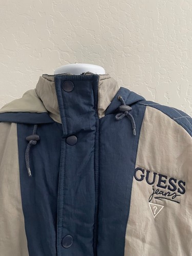 VTG 90s Guess USA Mens Size XL Blue Gray Nylon Full Zip Button Jacket Hooded - Picture 2 of 10