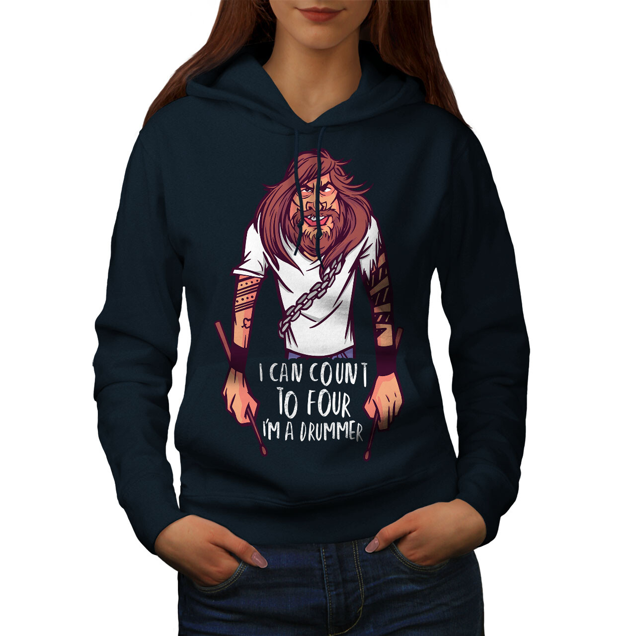 Wellcoda I Can Count To Four Drummer Humor Cartoon Womens Hoodie