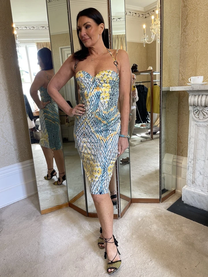 Vestido JUST CAVALLI IT 46 UK 14 Corto Azul Amarillo Satinado Piel de Serpiente Estampado Tirantes Foto 3 de 4