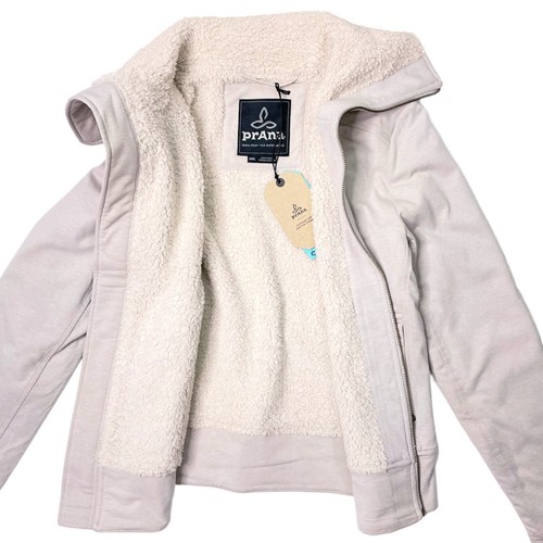NEW prAna Xina Sherpa Fleece Moto Pebble Grey Beige Full Zip Jacket Women Small - Picture 2 of 6