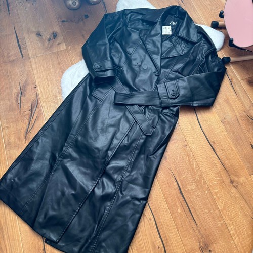 ZARA DOUBLE BREASTED BLACK FAUX LEATHER TRENCH COAT BELT Long size XS 4432 - Picture 8 of 19