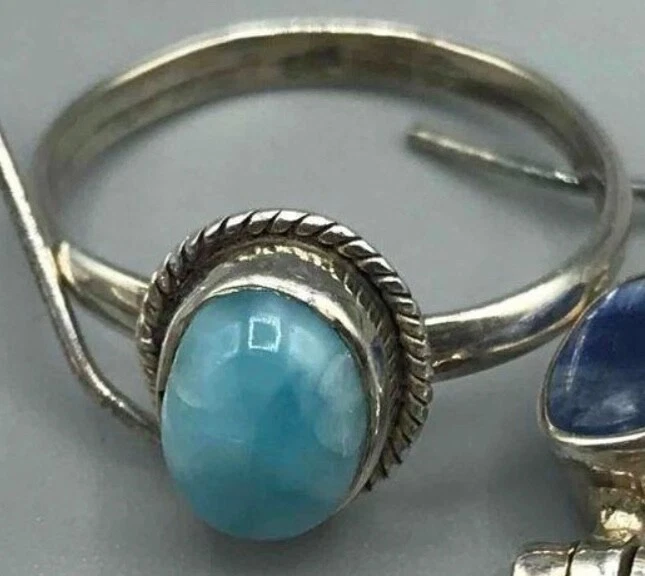 不对称纯银门铃耳环和戒指 Larimar 蓝色宝石 — 第 4/4 张图片