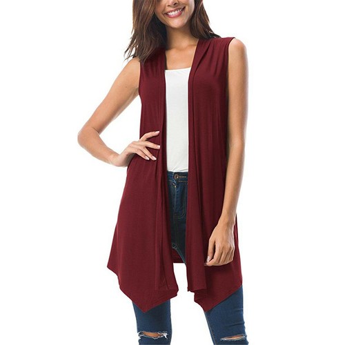 Womens Sleeveless Draped Open Front Cardigan Vest Asymmetric Hem Blouse - Picture 26 of 30